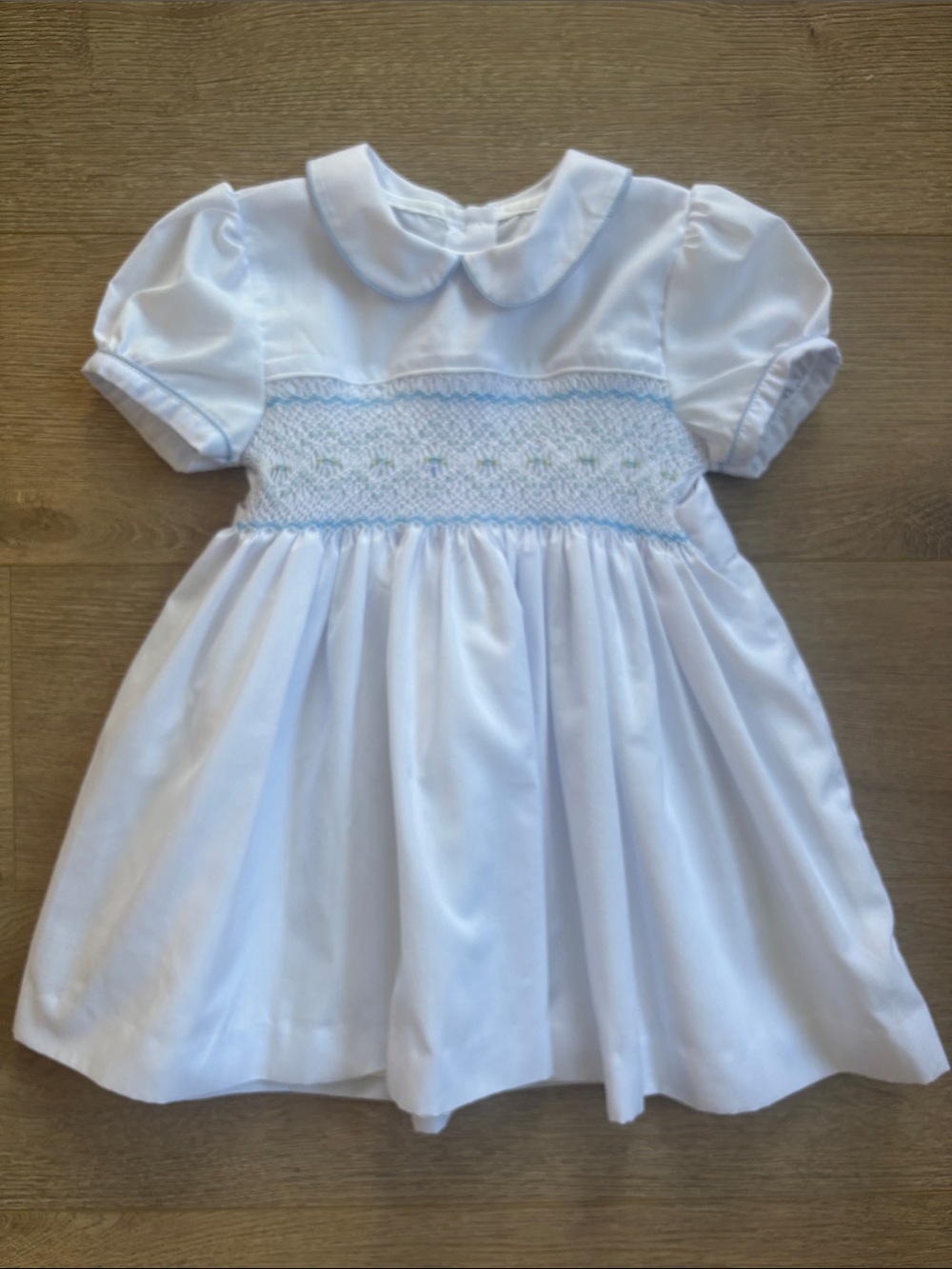 Vintage White Smocked Baby Dress Blue Embroidery 12–18 Months